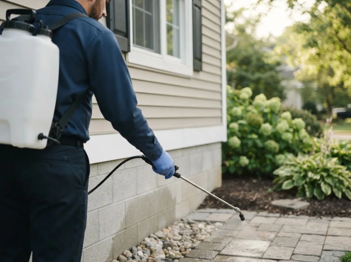 Pest control technician inspecting a home in Douds, IA